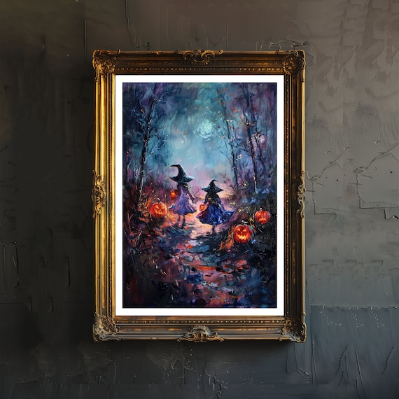 Two Witches on Moonlit Forest Path Lanterns Halloween Poster