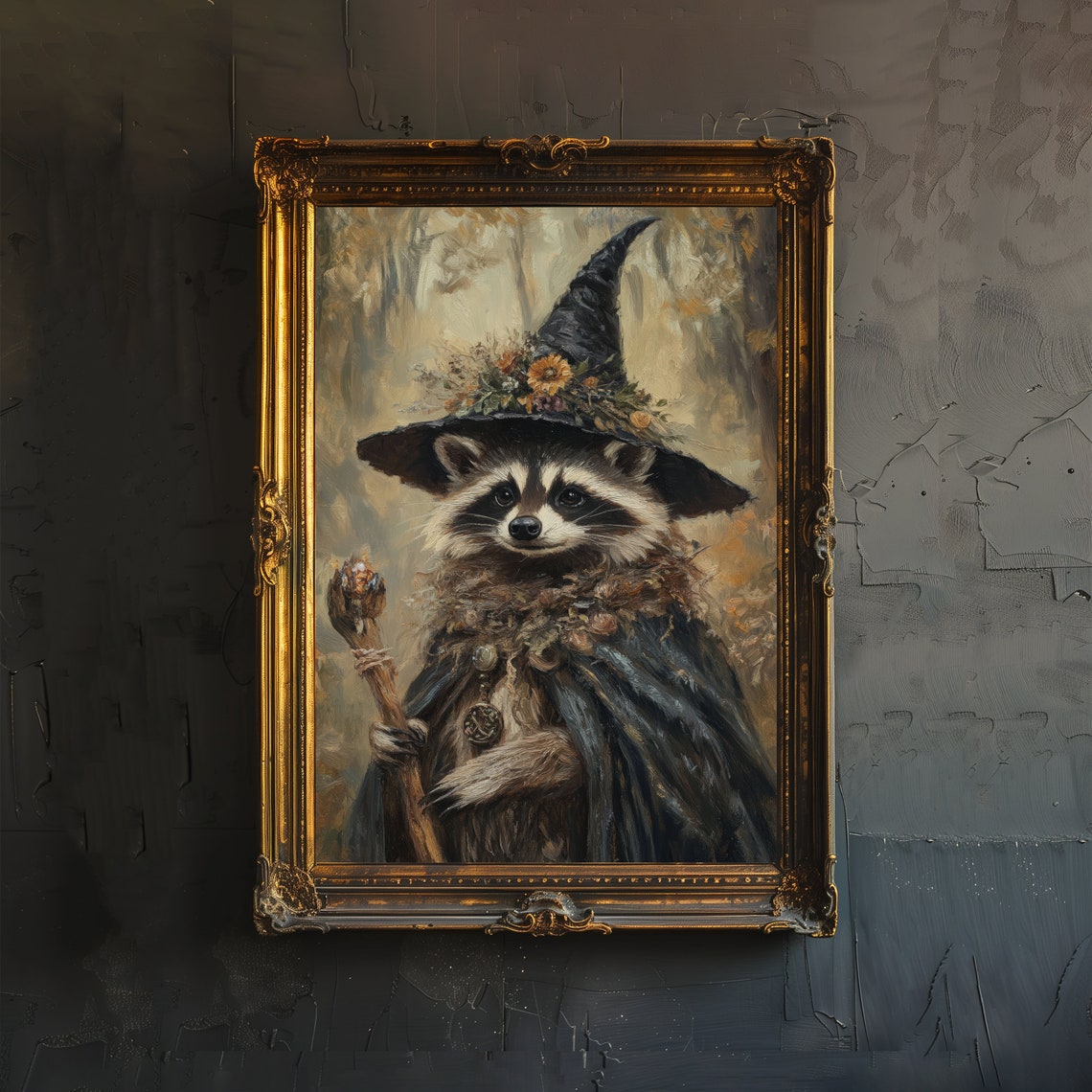 Raccoon Witch Poster, Whimsical Fantasy Animal Art