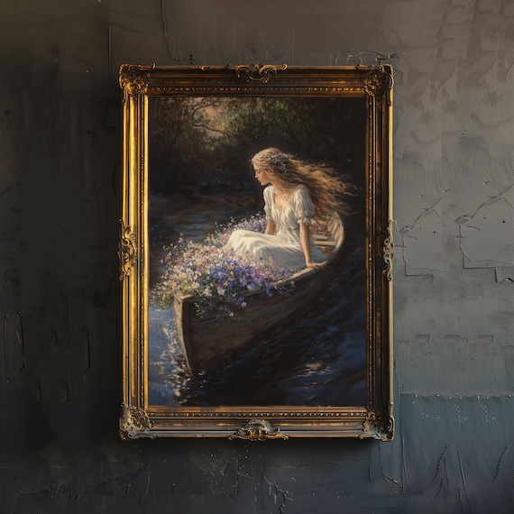 Lady of Shalott Flower Boat Drifting River Romantic Literary Art Poster