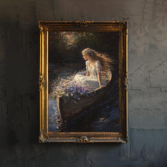 Lady Shalott By The Water Poster Dark Academia Art Victorian Enchanted Illustration Vintage Literary Wall Rustic