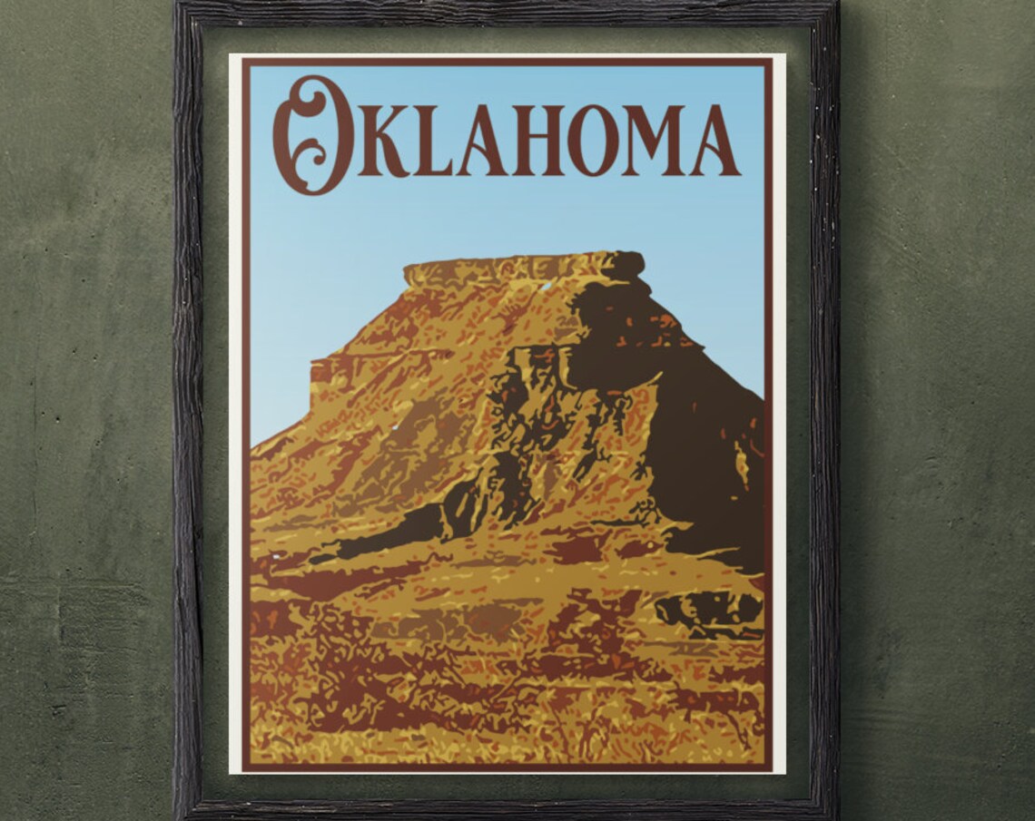 Oklahoma Golden Mesa Butte Prairie Sunset Vintage Travel Poster