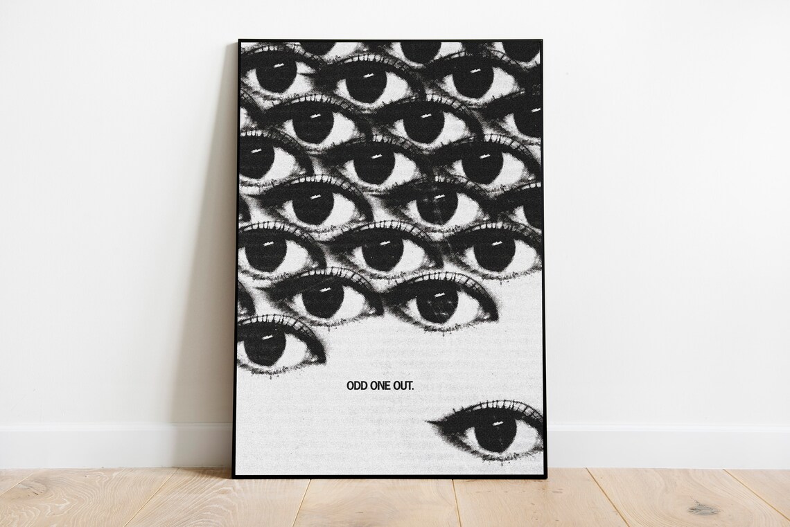 Odd One Out Watchful Eyes Black White Surreal Collage Art Poster - Image 3