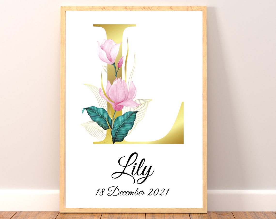 Personalised Floral Initial Birth Gift Gold Magnolia Poster Lily