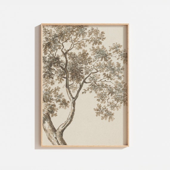 Vintage Rustic Tree Drawing Minimalist Neutral Landscape Wall Art Vintage Art