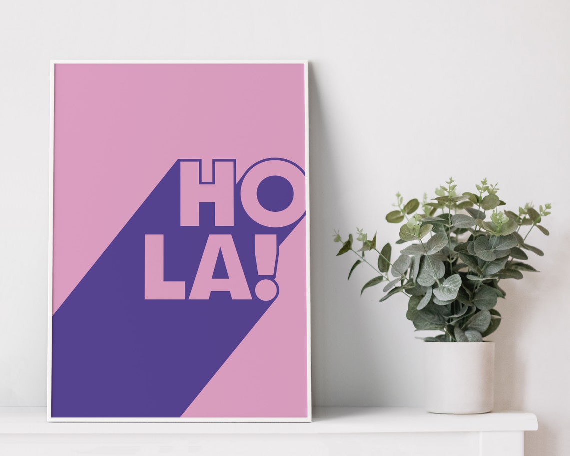 Hola Pink Pop Typography Purple Long Shadow Greeting Art Poster - Image 2