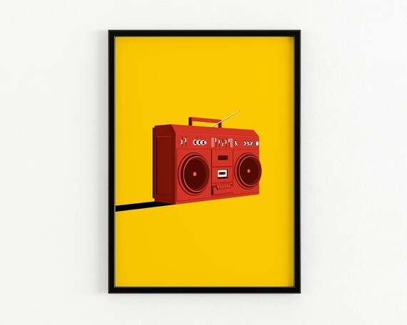 Red Boombox On Yellow Retro 80s Hip Hop Music Artwork Poster
