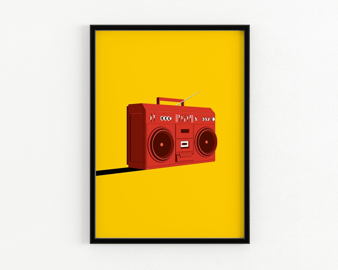 Red Boombox On Yellow Retro 80s Hip Hop Music Artwork Poster