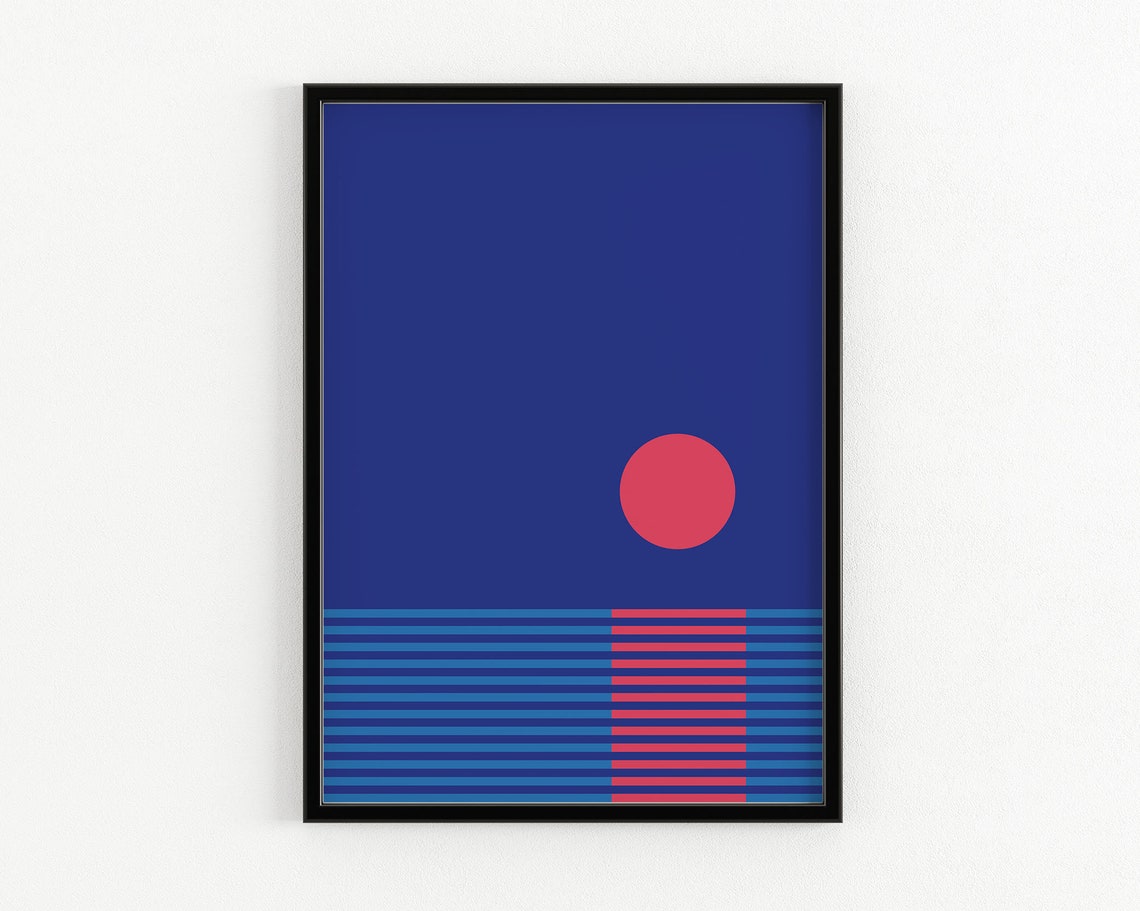 Minimal Geometric Sunset Red Sun Striped Sea Abstract Poster