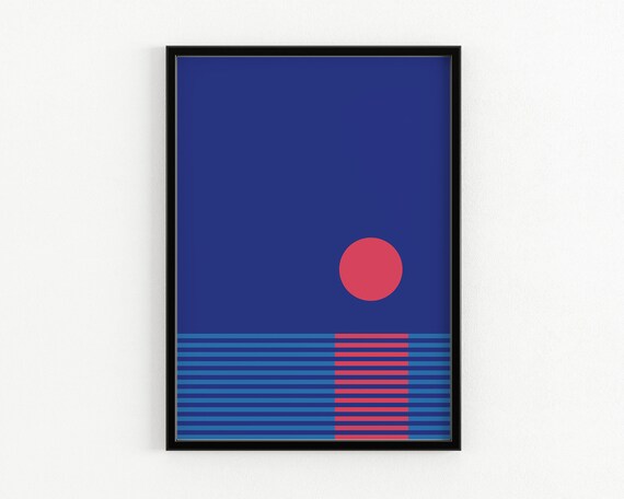 Minimal Geometric Sunset Red Sun Striped Sea Abstract Poster