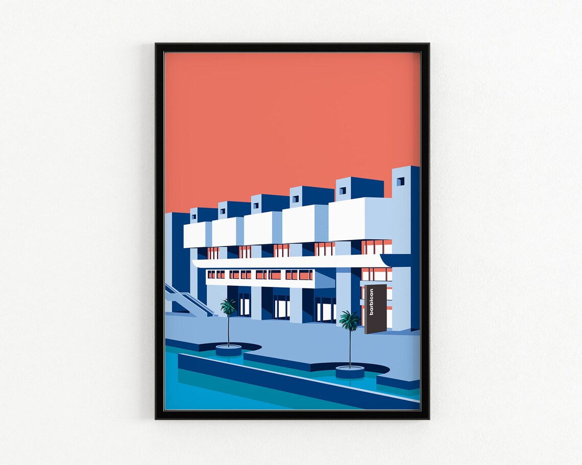 Barbican London Brutalist Estate Water Palms Pink Sky Architecture Poster