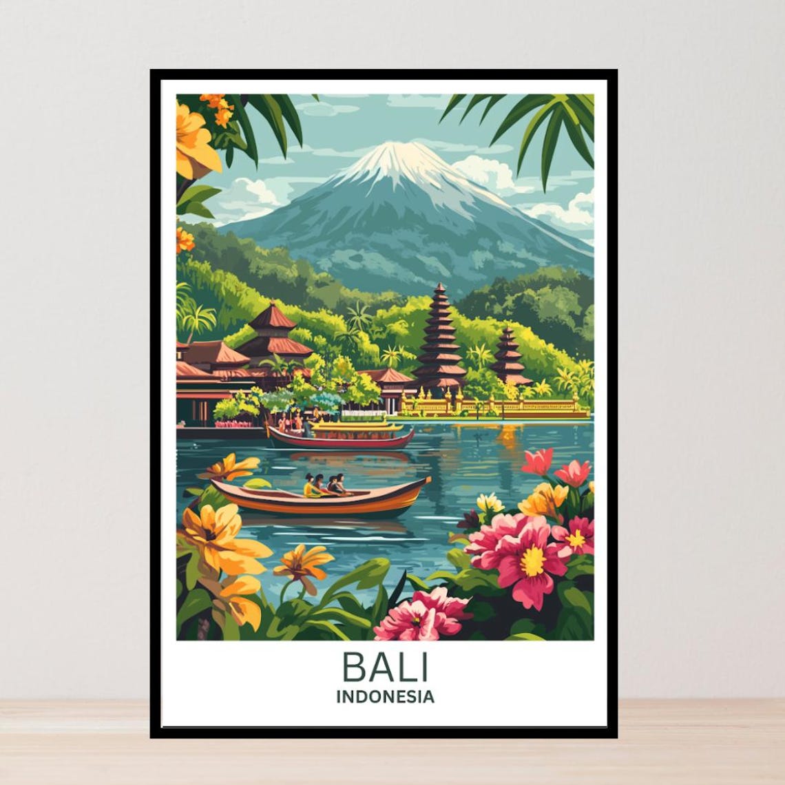 Bali Indonesia Volcano Lake Temple Boats Flowers Vintage Travel Poster