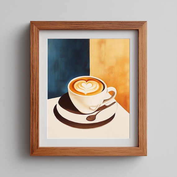 Cozy Latte Heart Art Coffee Cup Modern Kitchen Watercolor Wall Art