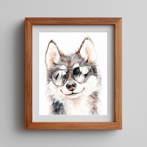 Cute Smiling Husky Puppy with Sunglasses Watercolor Pet Animal Decor Poster