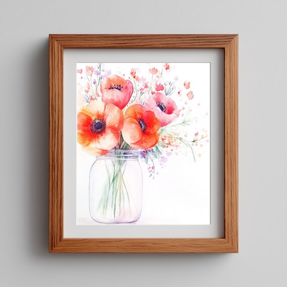 Orange Poppy Arrangement Wall Art Bold Watercolor Floral Painting Vibrant Botanical Decor Spring Bloom 259