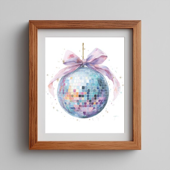 Pink Disco Ball Christmas Ornament Watercolor Holiday Wall Art