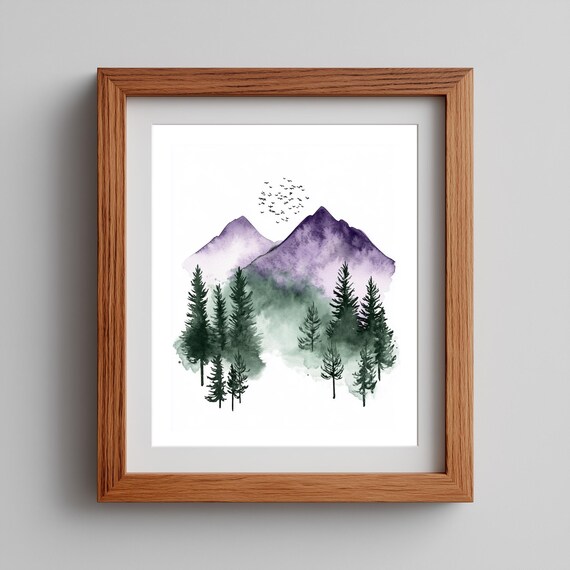 Purple Misty Mountain Pine Forest Silhouette Minimalist Watercolor Poster