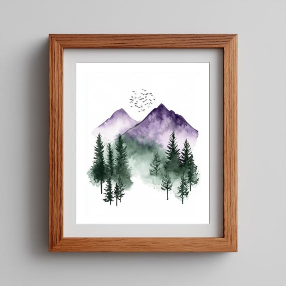 Purple Mountain Wall Art Whimsical Nature Landscape Painting Forest Peaks Decor Moody Outdoor Scene Artwork 143