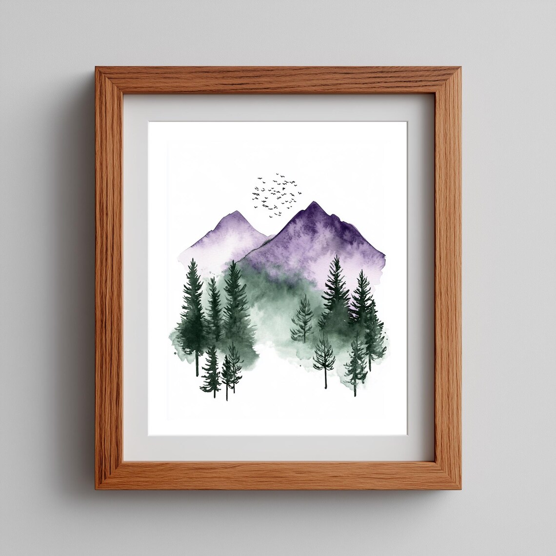 Purple Misty Mountain Pine Forest Silhouette Minimalist Watercolor Poster