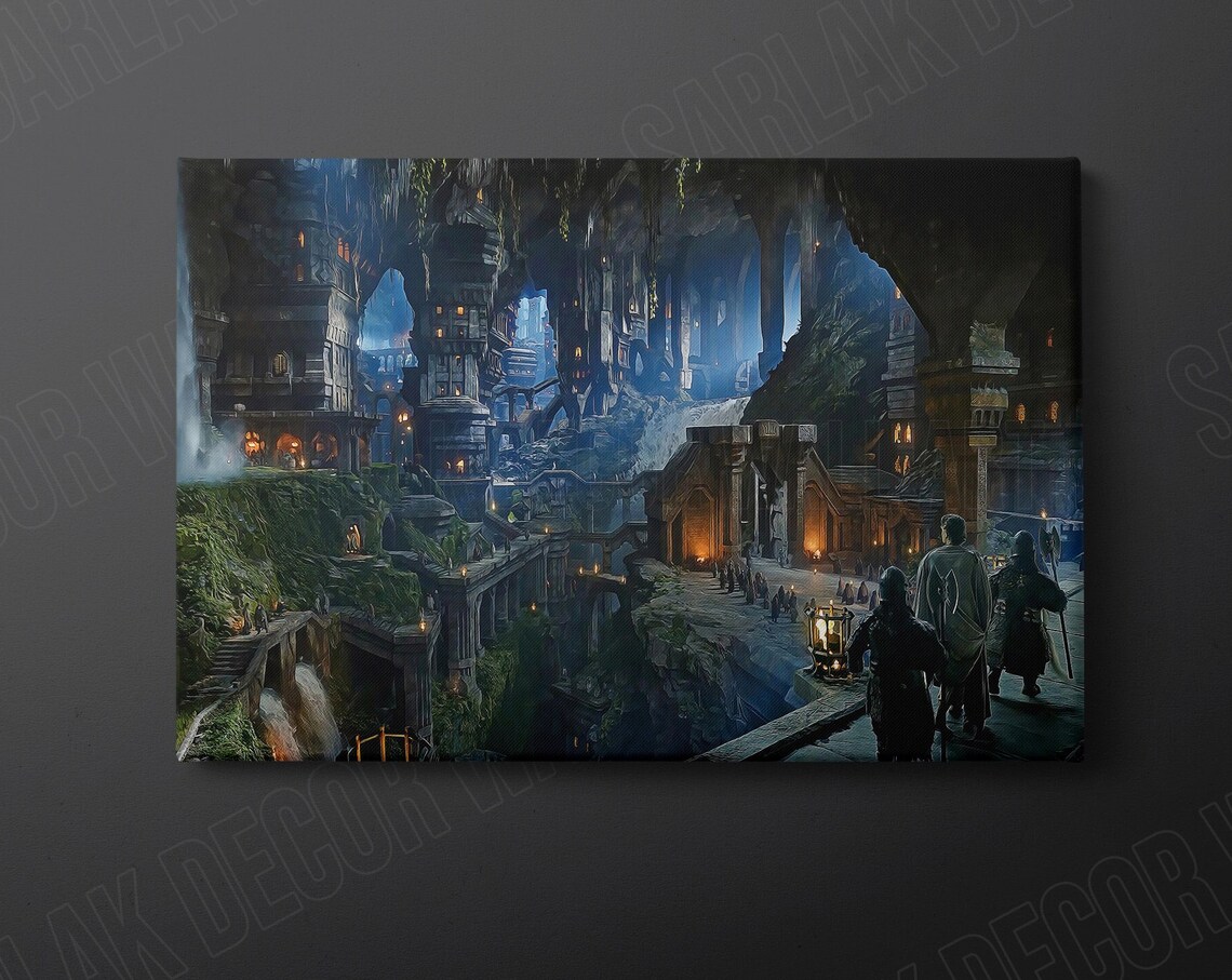 Middle Earth Dwarven Mountain City Night Fantasy Oil Wall Art