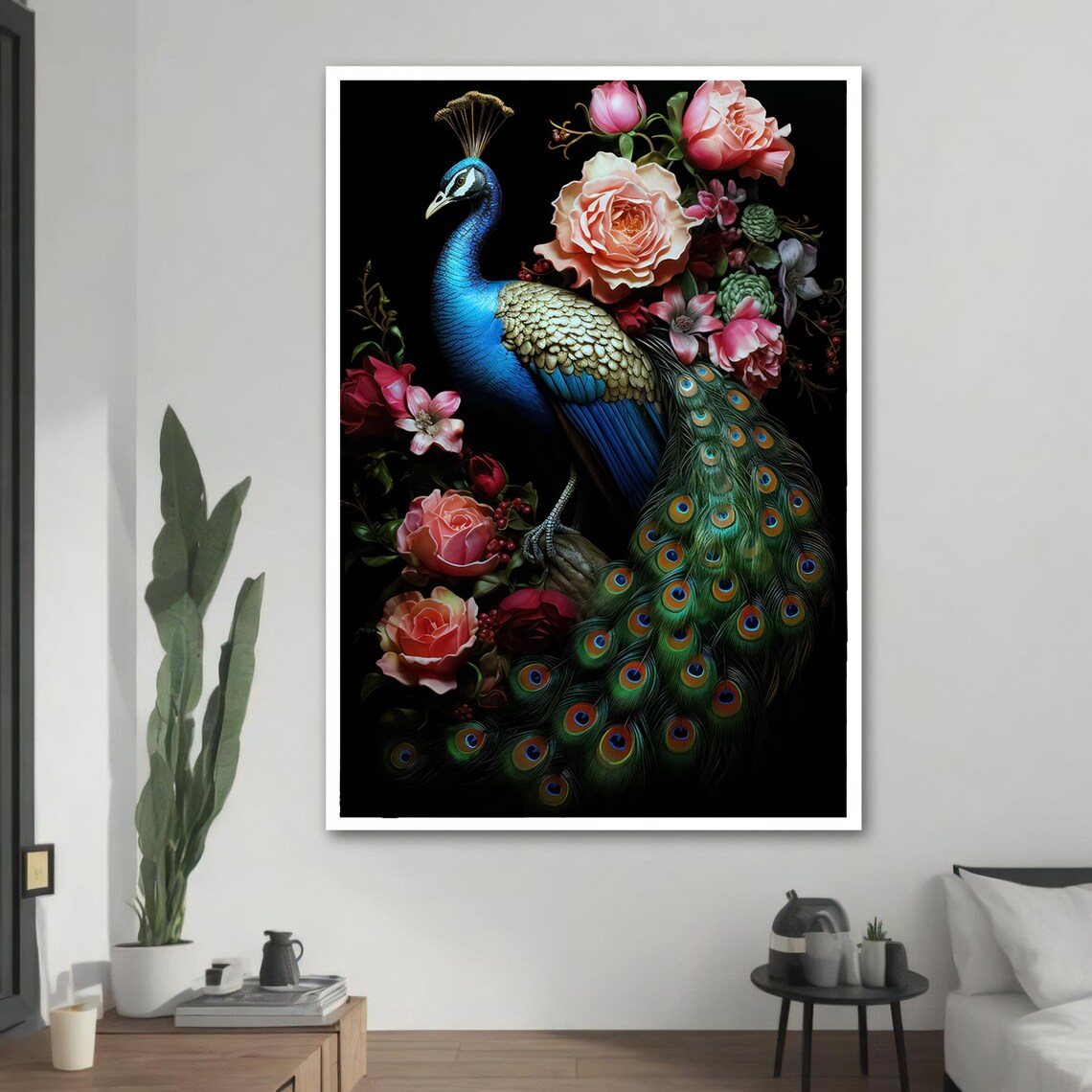 Regal Peacock Painting, Floral Animal Art - Image 2