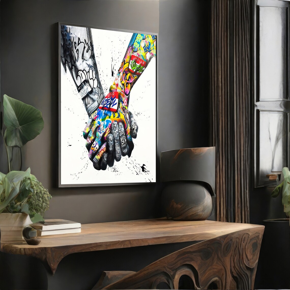 Holding Hands Graffiti Art, Bold Urban Decor