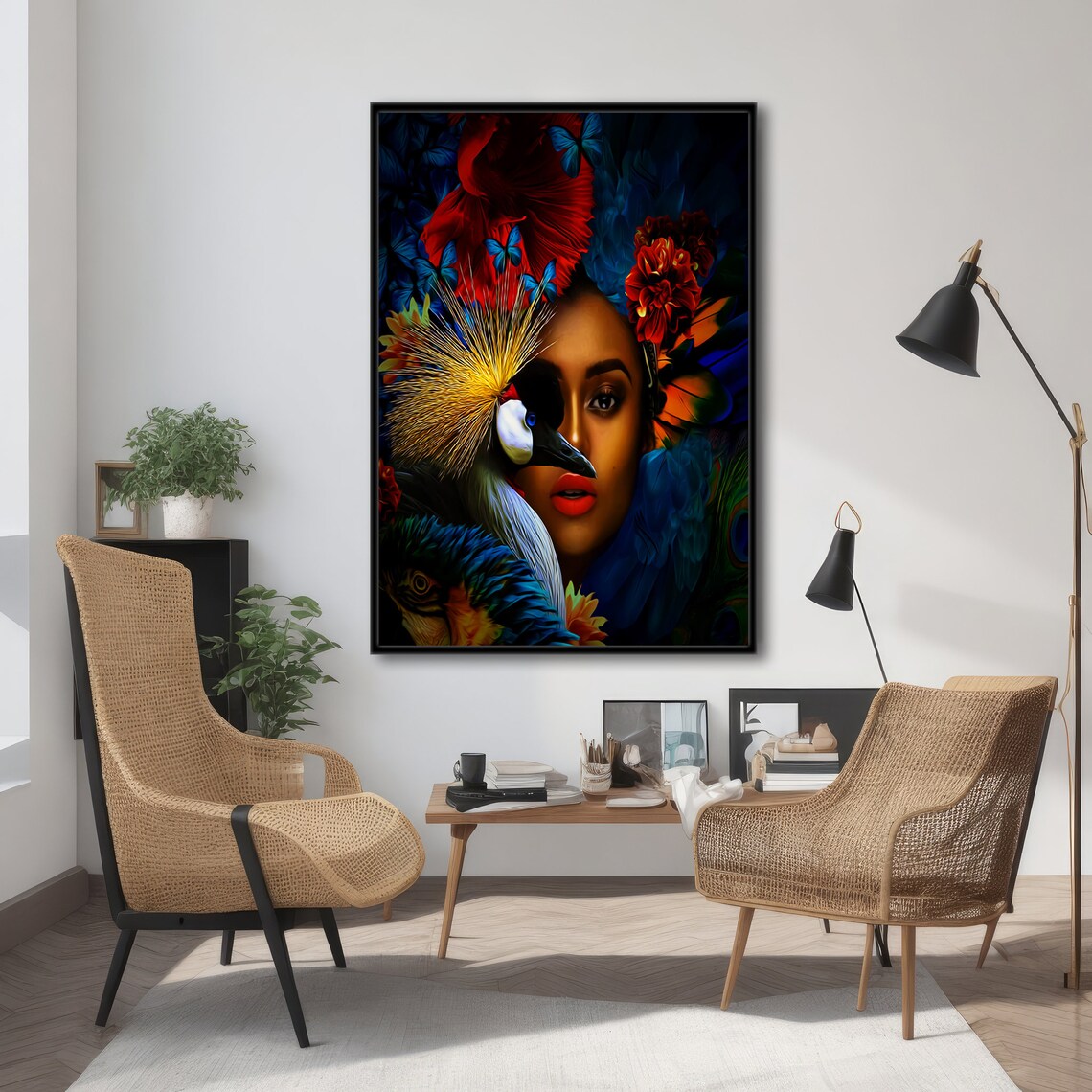 Tropical Woman With Exotic Bird, Modern Painting - Image 4