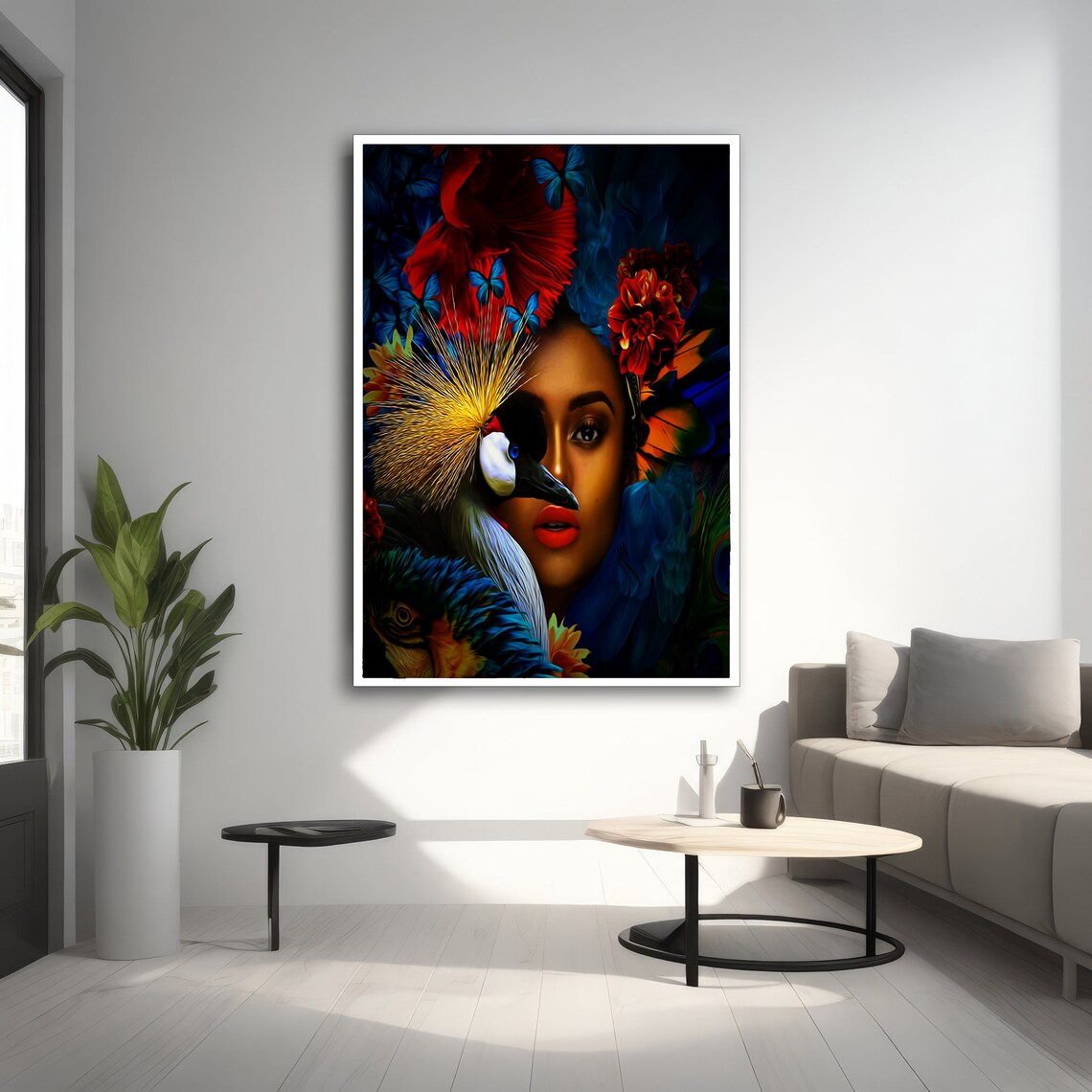 Tropical Woman With Exotic Bird, Modern Painting - Image 2