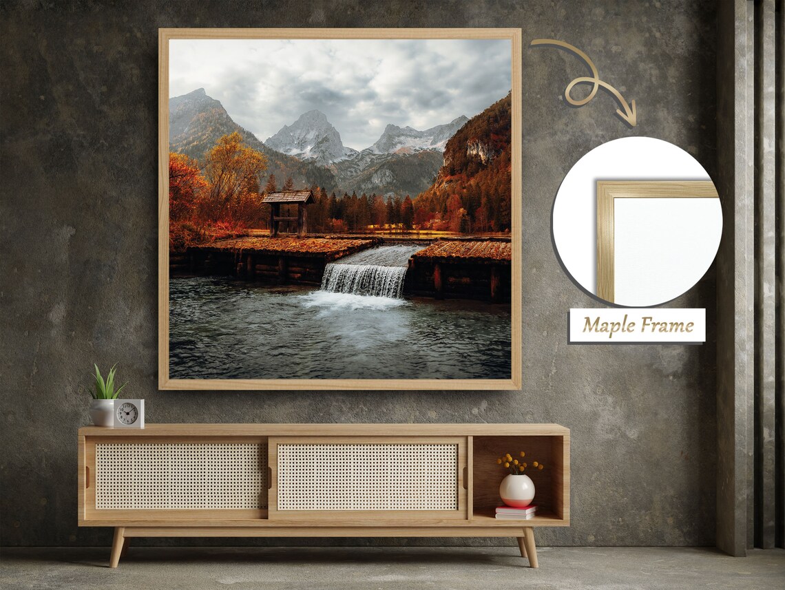 Autumn Landscape With Cozy Home And Serene Waterfall