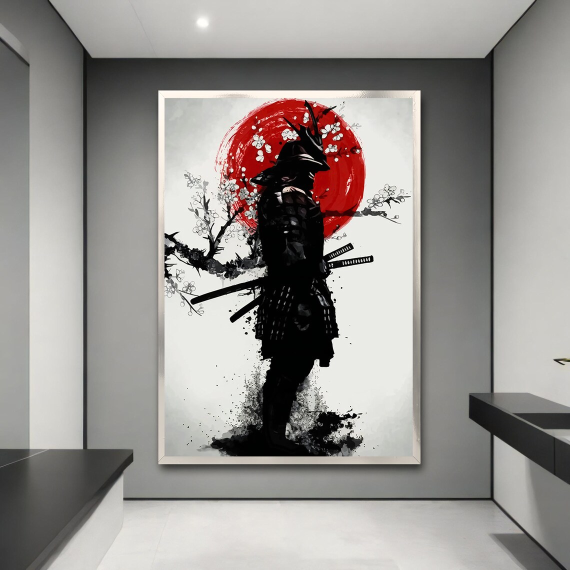 Samurai Silhouette With Red Sun, Japanese Home Decor - Image 3