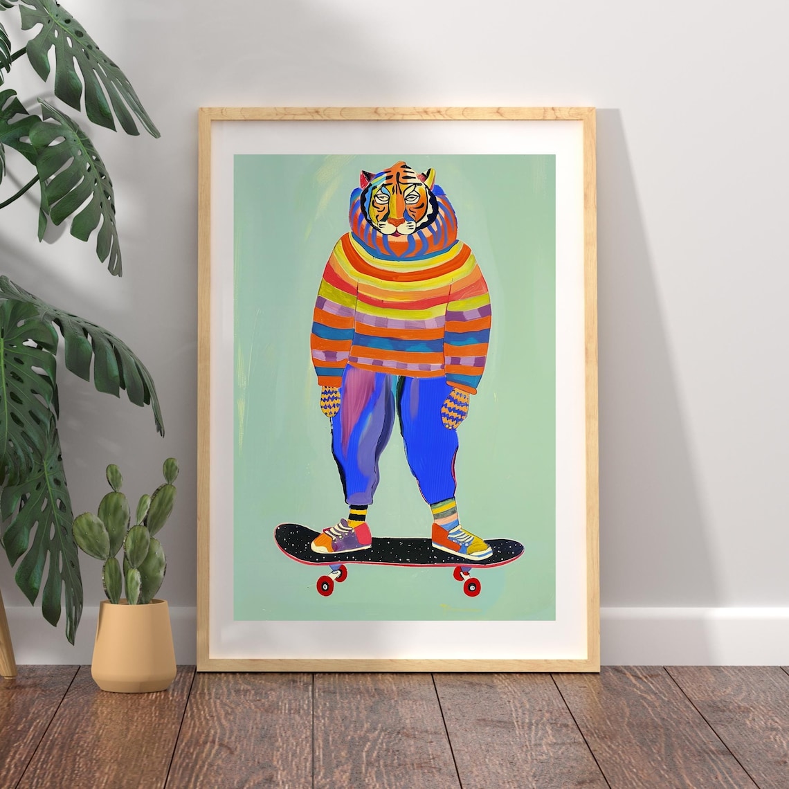 Skateboarding Tiger in Rainbow Sweater Whimsical Animal Poster - Image 3
