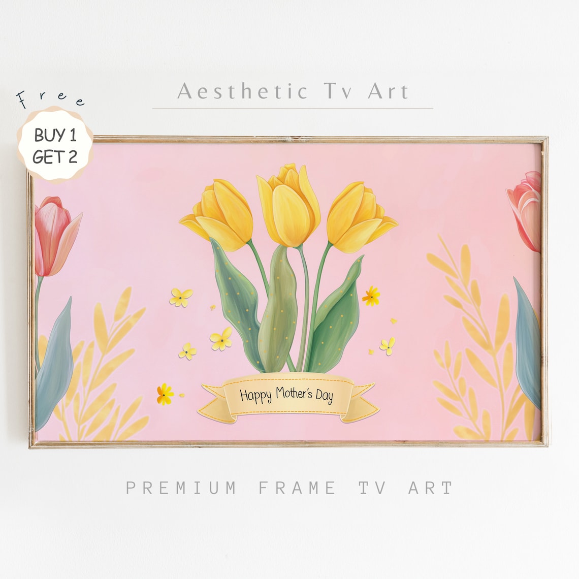 Happy Mother's Day Ribbon Banner Pink Tulips Cute Floral Wall Art