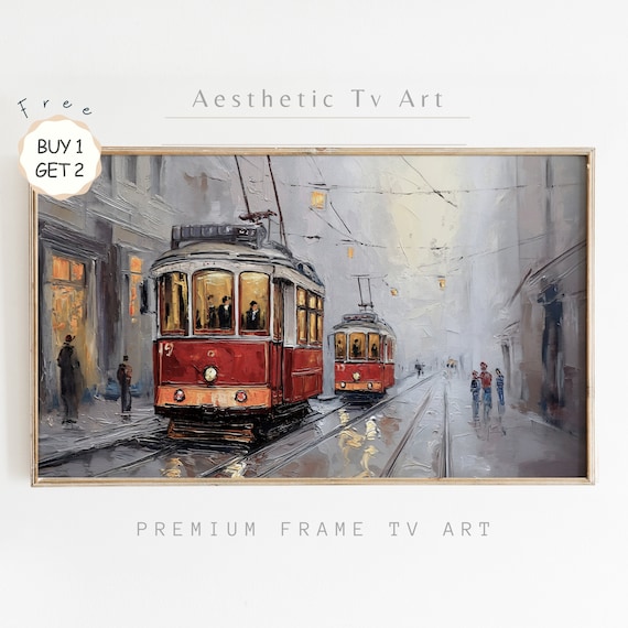Moody Frame Tv Art Tramway In The Old City Oil Painting Antique Farmhouse Oil Painting Vintage Home Decor