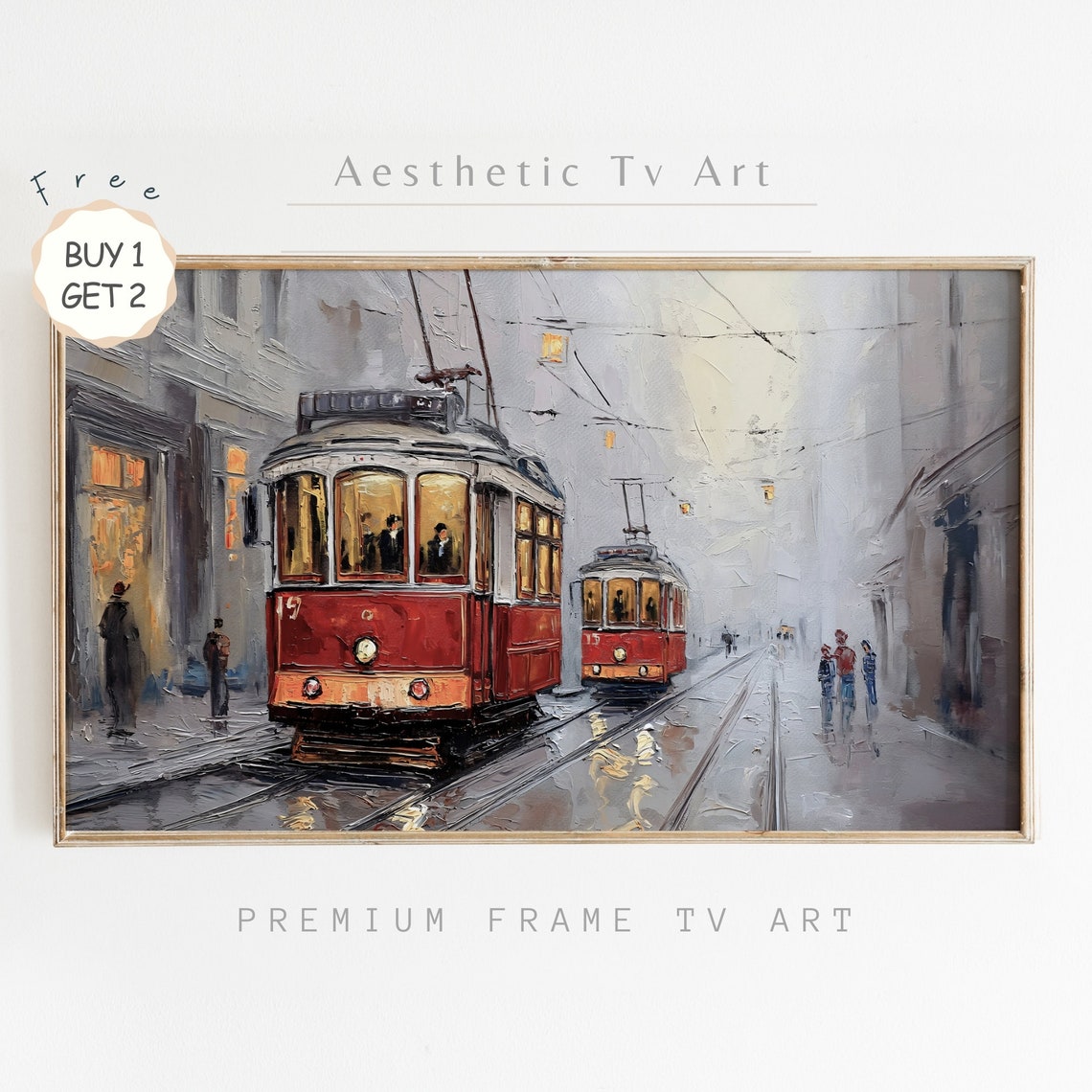 Moody Frame Tv Art Tramway In The Old City Oil Painting Antique Farmhouse Oil Painting Vintage Home Decor