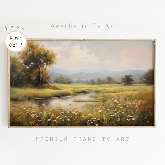 Frame Tv Art Vintage Spring And Summer Wildflower Field Landscape Painting Moody Wall Decor Art