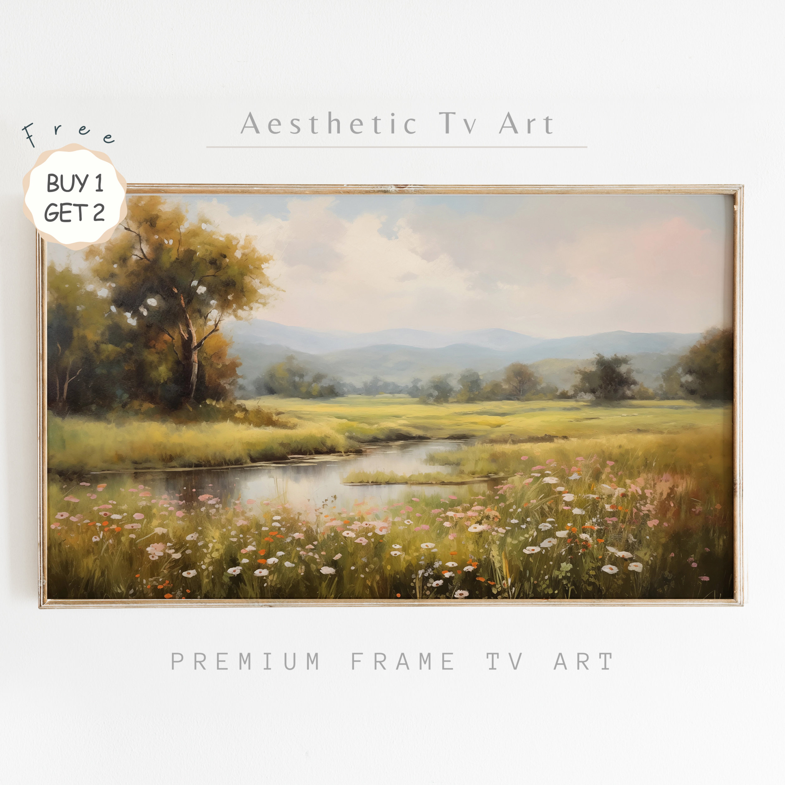 Vintage Wildflower Pond Landscape Tree Mountains Soft Summer Poster