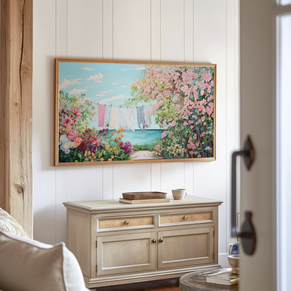 Garden Clothesline Laundry Sea View Cottagecore Summer Scene Poster - Image 3