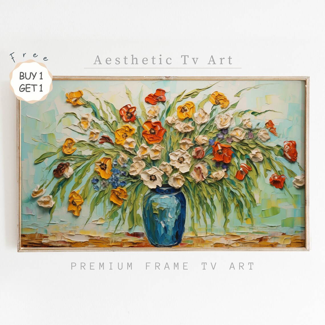 Flower Bouquet Blue Vase Textured Impasto Still Life Art Poster