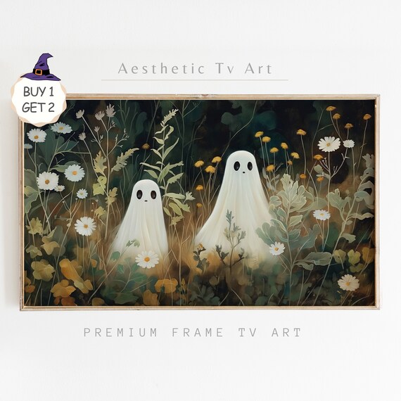 Two Cute Ghosts Dark Wildflower Meadow Spooky Cute Halloween Poster