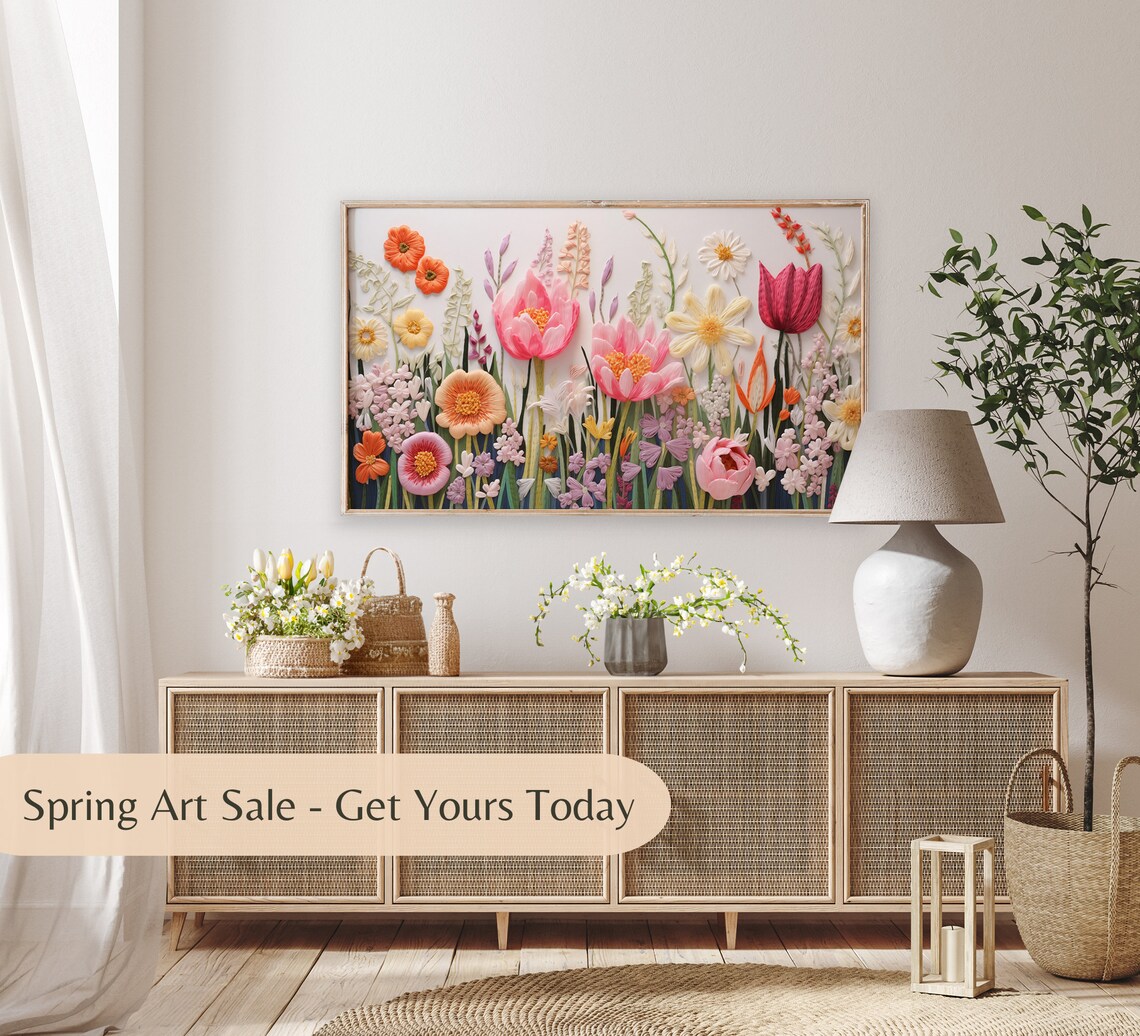 Embroidered Pink Peonies Tulips Textured Spring Flower Art Poster - Image 2