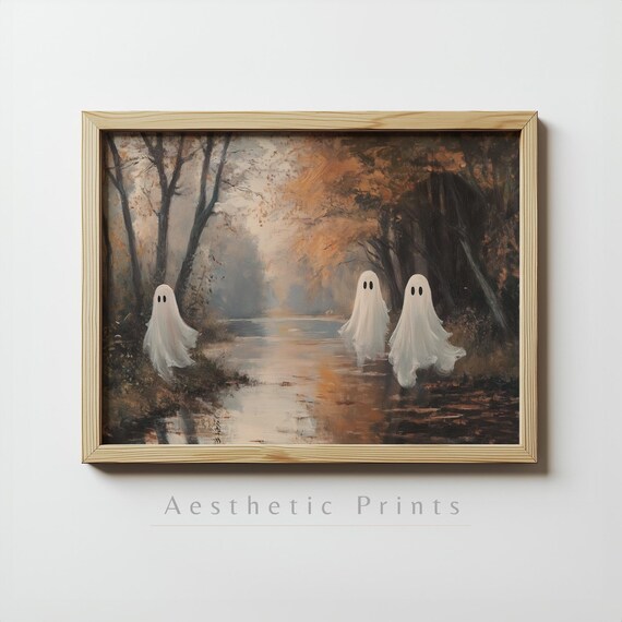 Three Cute Ghosts Along Misty Autumn Stream Vintage Halloween Poster