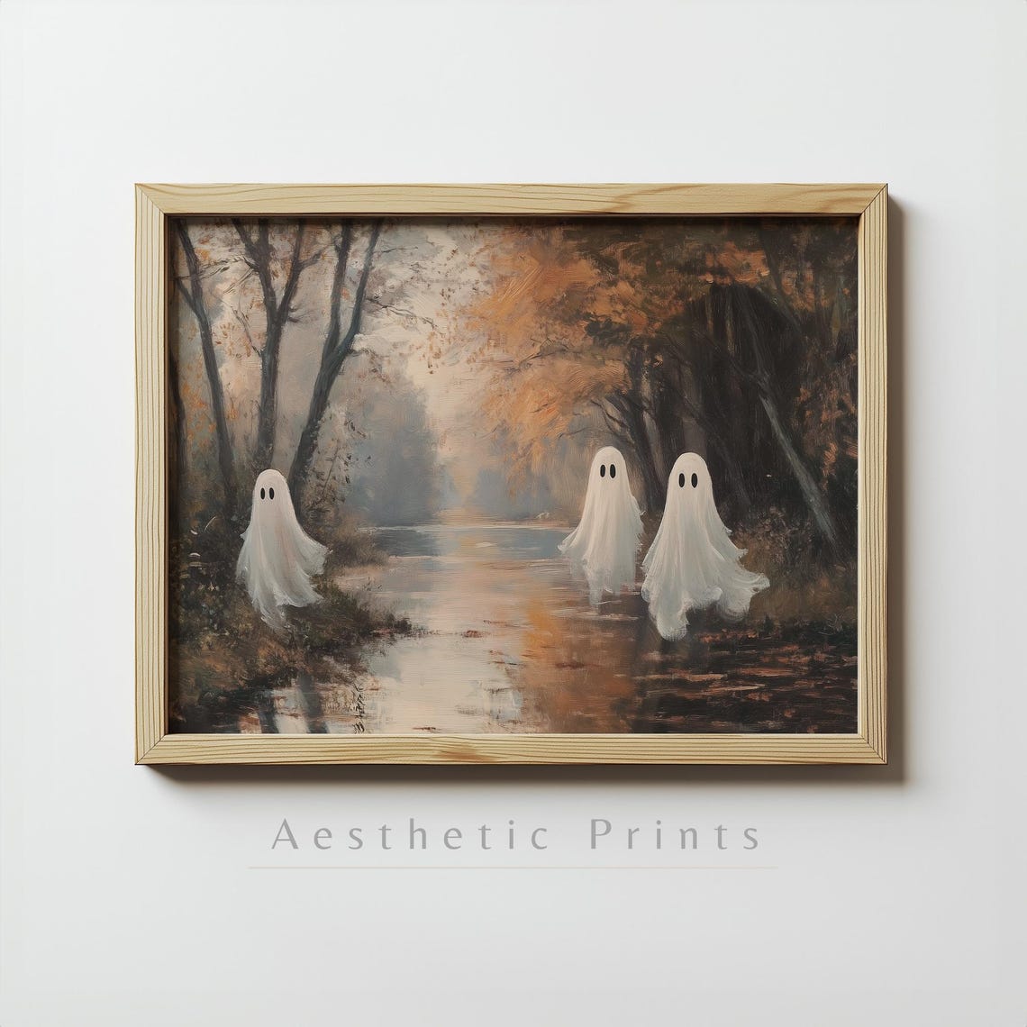 Three Cute Ghosts Along Misty Autumn Stream Vintage Halloween Poster