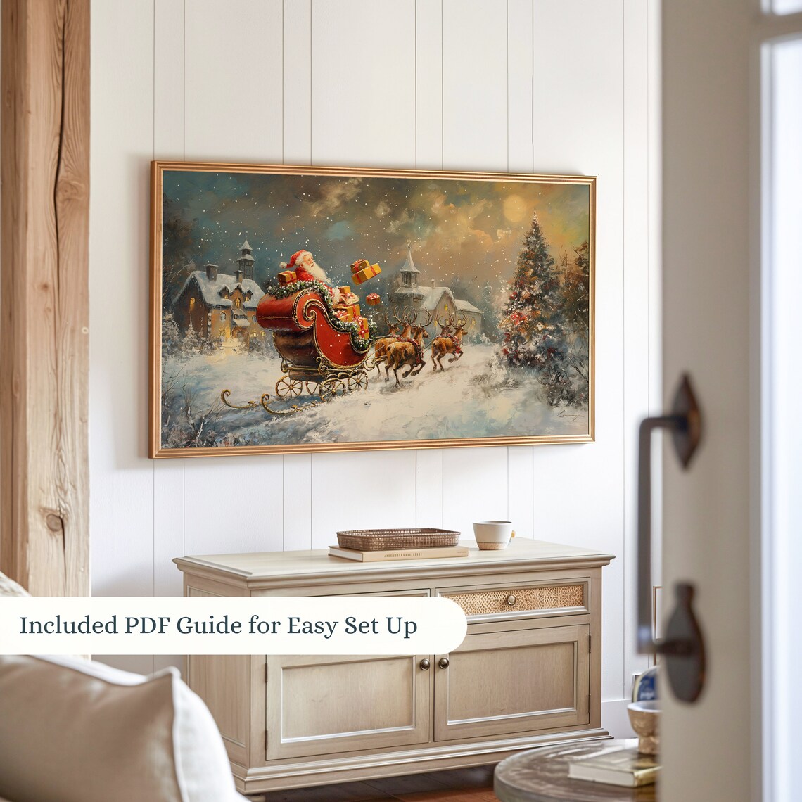 Vintage Santa Sleigh Gifts Reindeer Snowy Night Christmas Tree Poster - Image 2