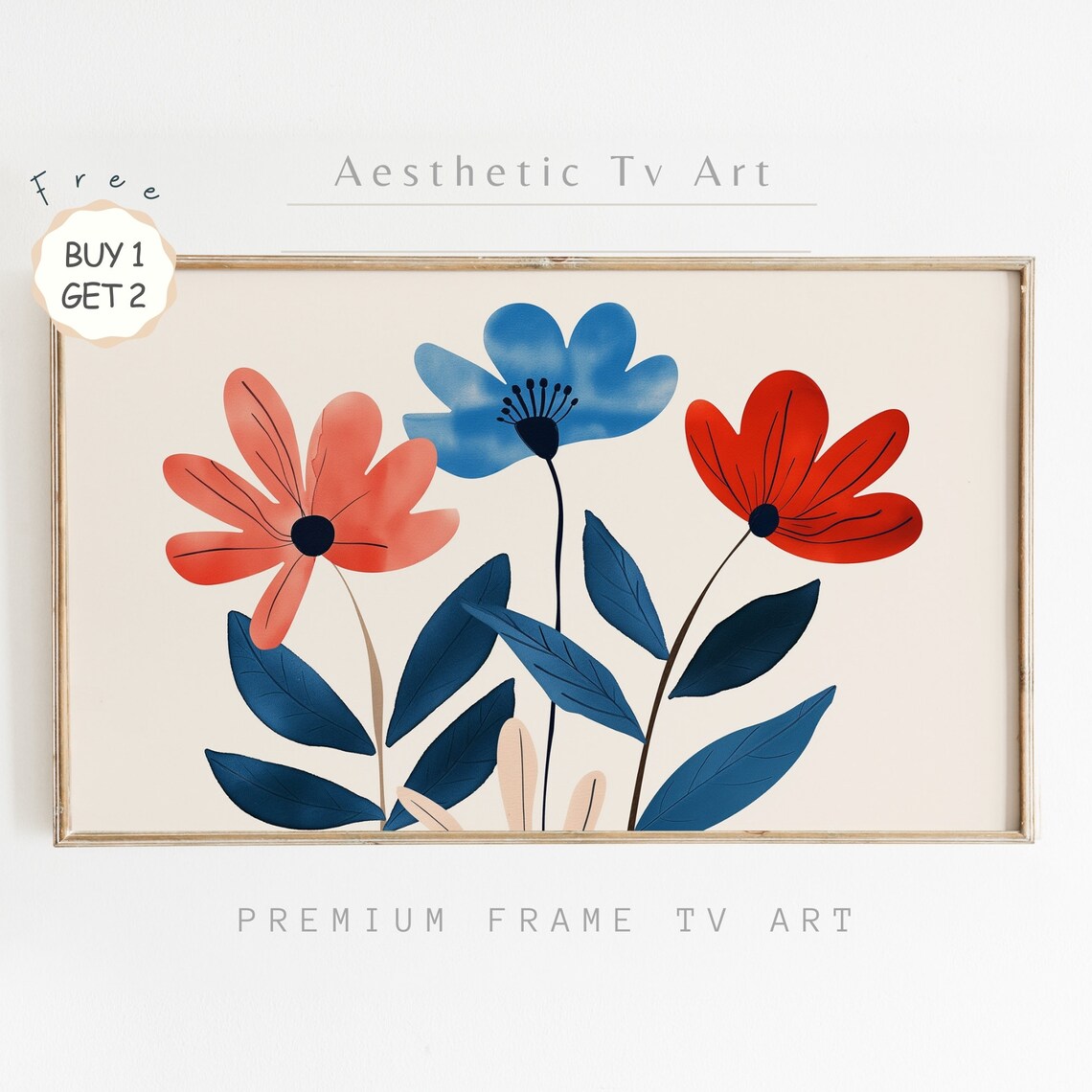 Minimalist Coral Blue Flowers Mid Century Modern Botanical Poster