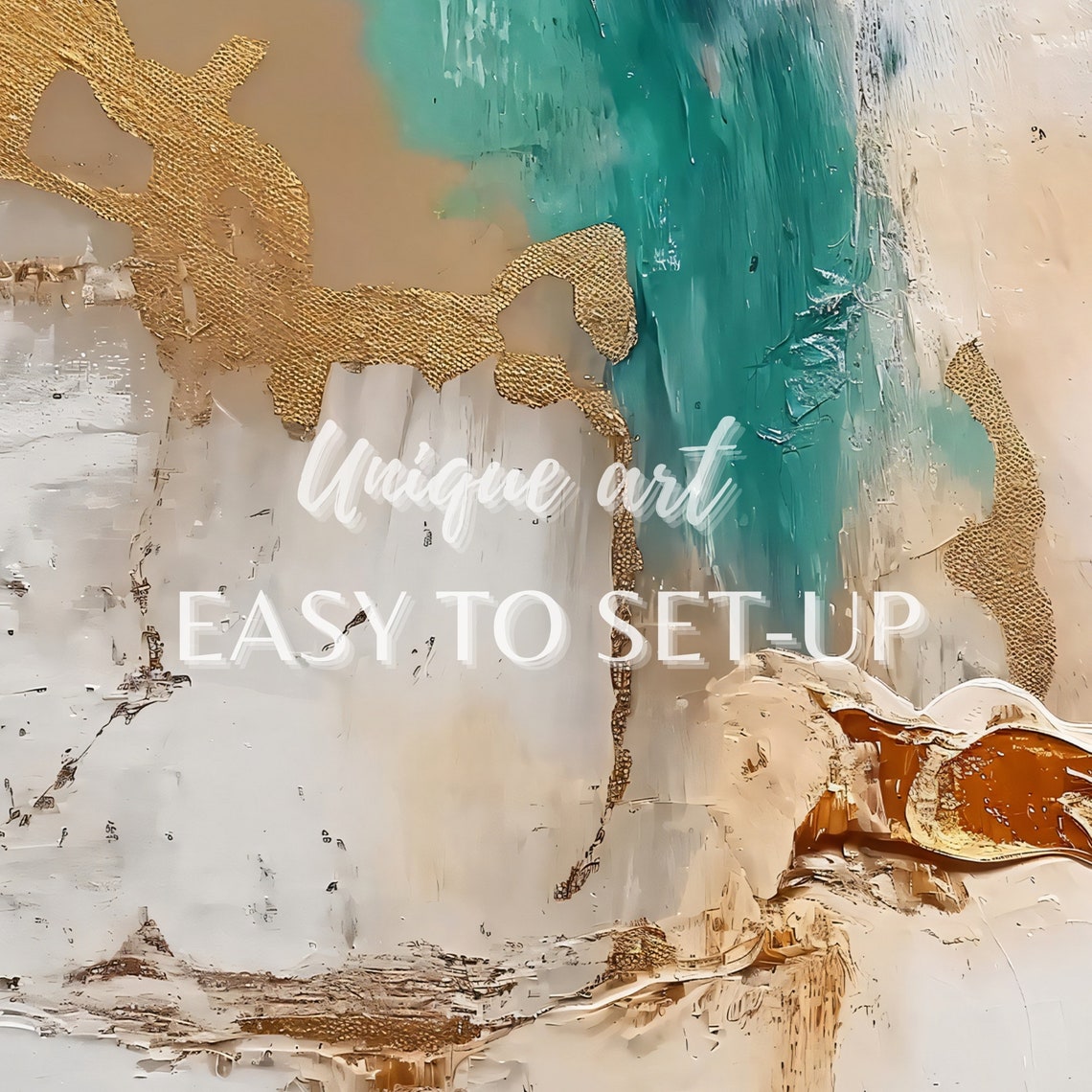 Gold Teal White Modern Abstract Textured Neutral Art Decor Poster - Image 2