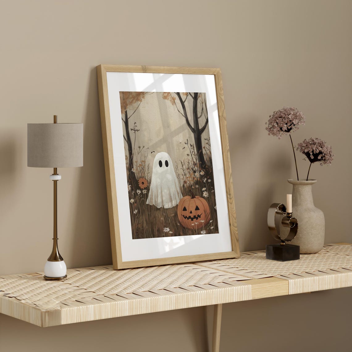 Cute Ghost With Jack O Lantern In Autumn Wildflower Field Art Poster - Image 3