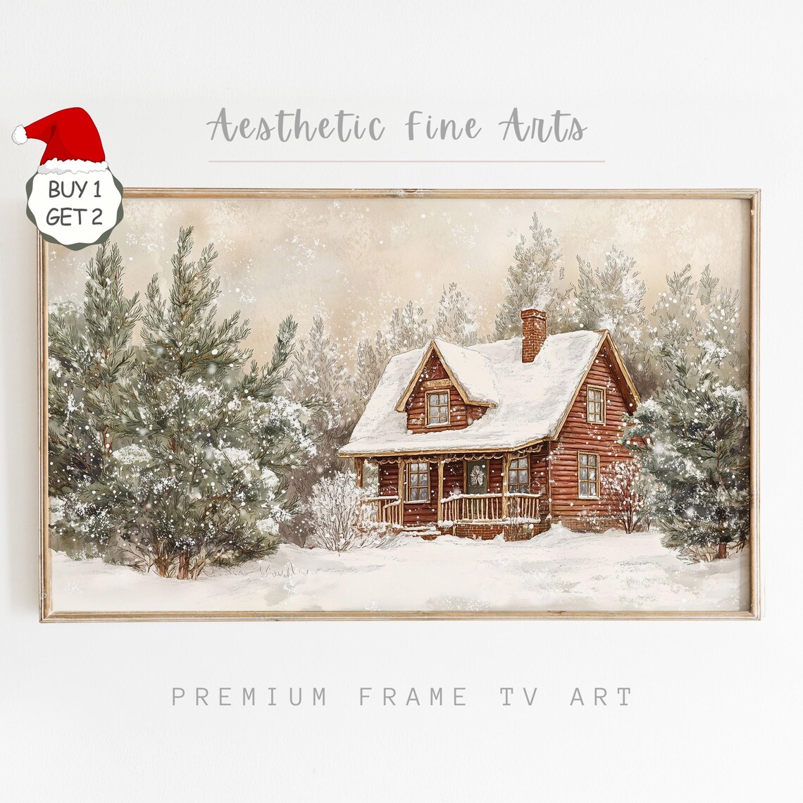 Rustic Red Log Cabin Snowy Pine Forest Watercolor Holiday Art Poster