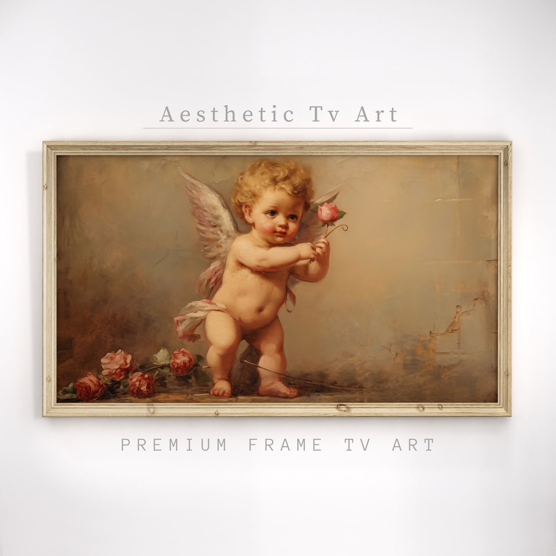 Vintage Cherub Holding Pink Rose Classical Angel Oil Painting Art - Image 3