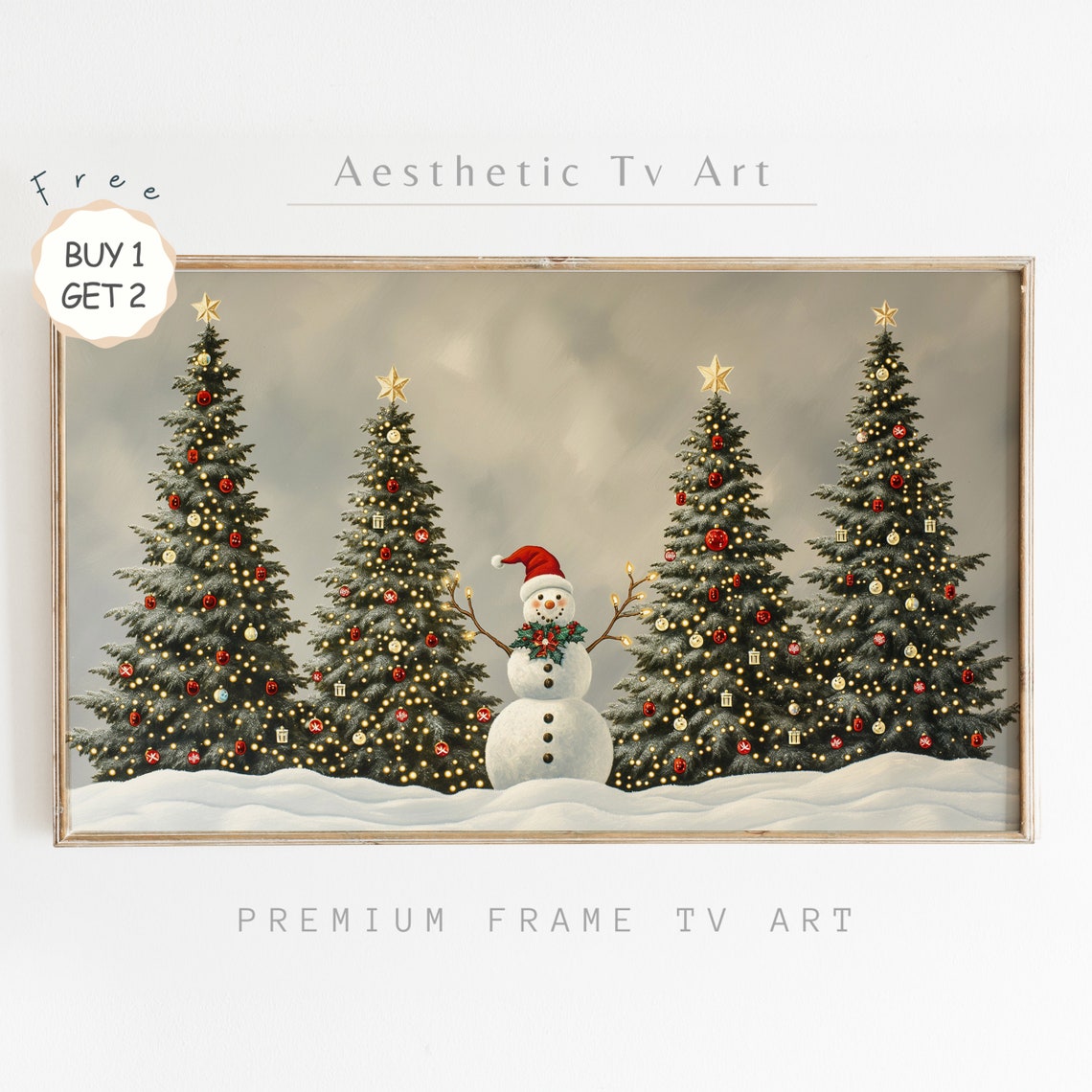 Snowman With Santa Hat Four Decorated Christmas Trees Snow Wall Art