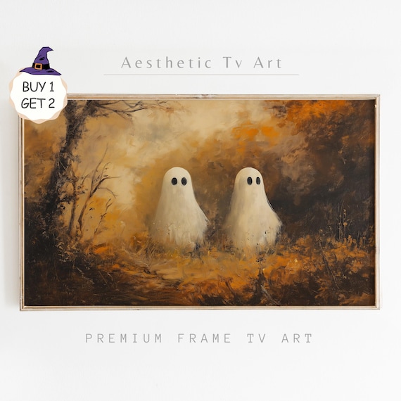 Two Ghosts in Golden Misty Autumn Woods Vintage Halloween TV Art