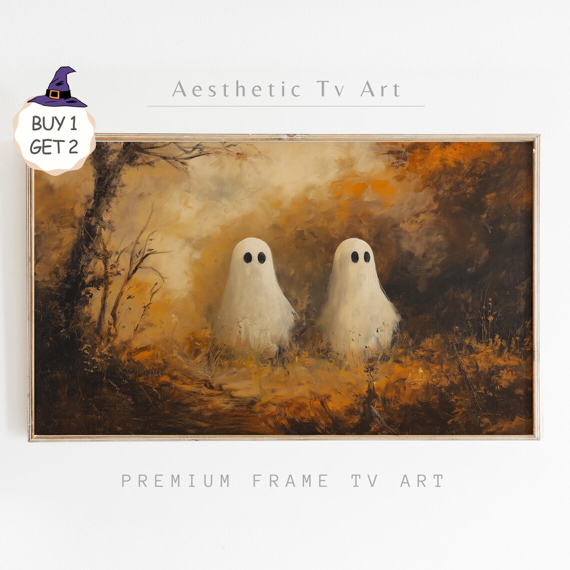 Two Ghosts in Golden Misty Autumn Woods Vintage Halloween TV Art